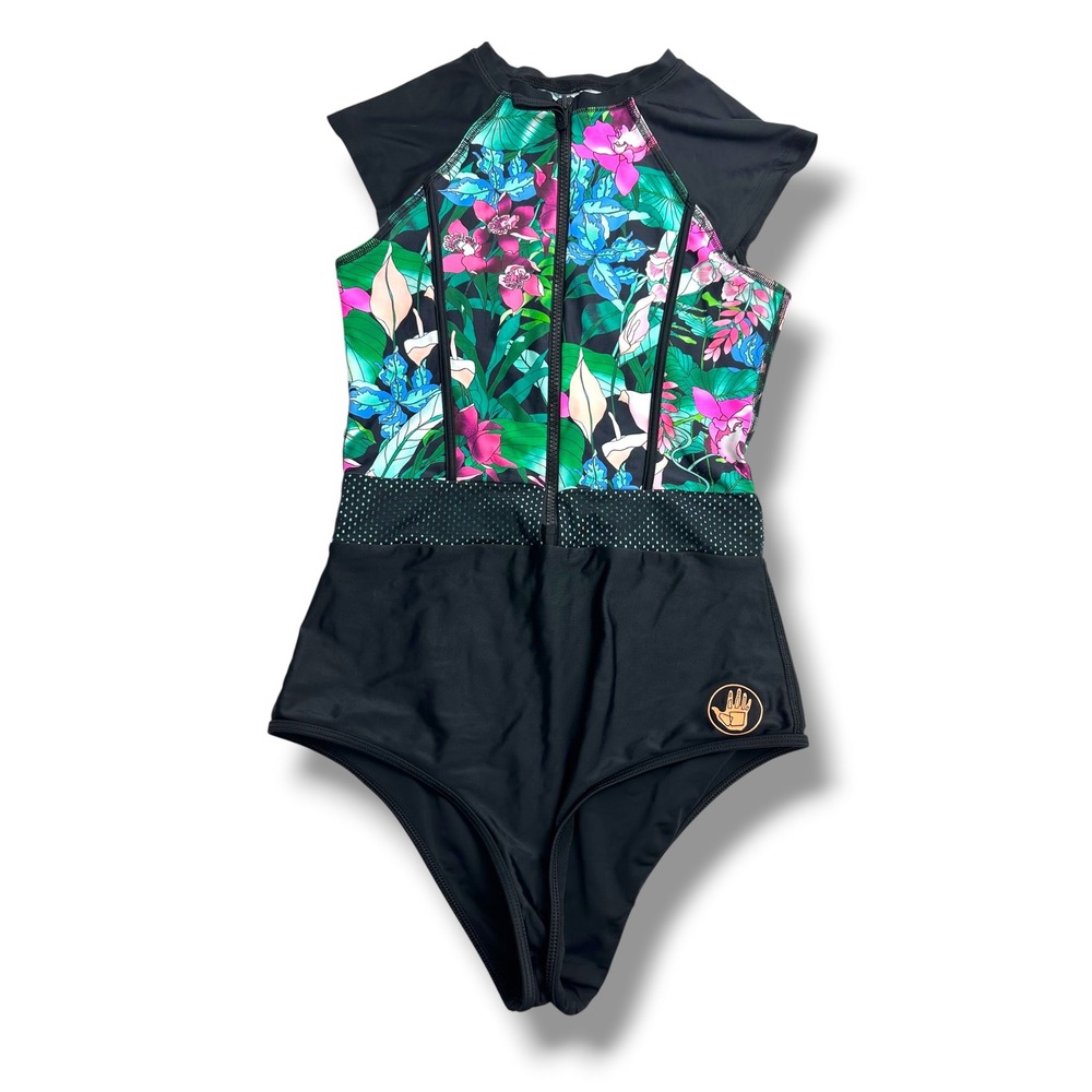 Body Glove One Piece Swimsuit Womens Small Black Floral Front Zip Surf - Picture 2 of 6